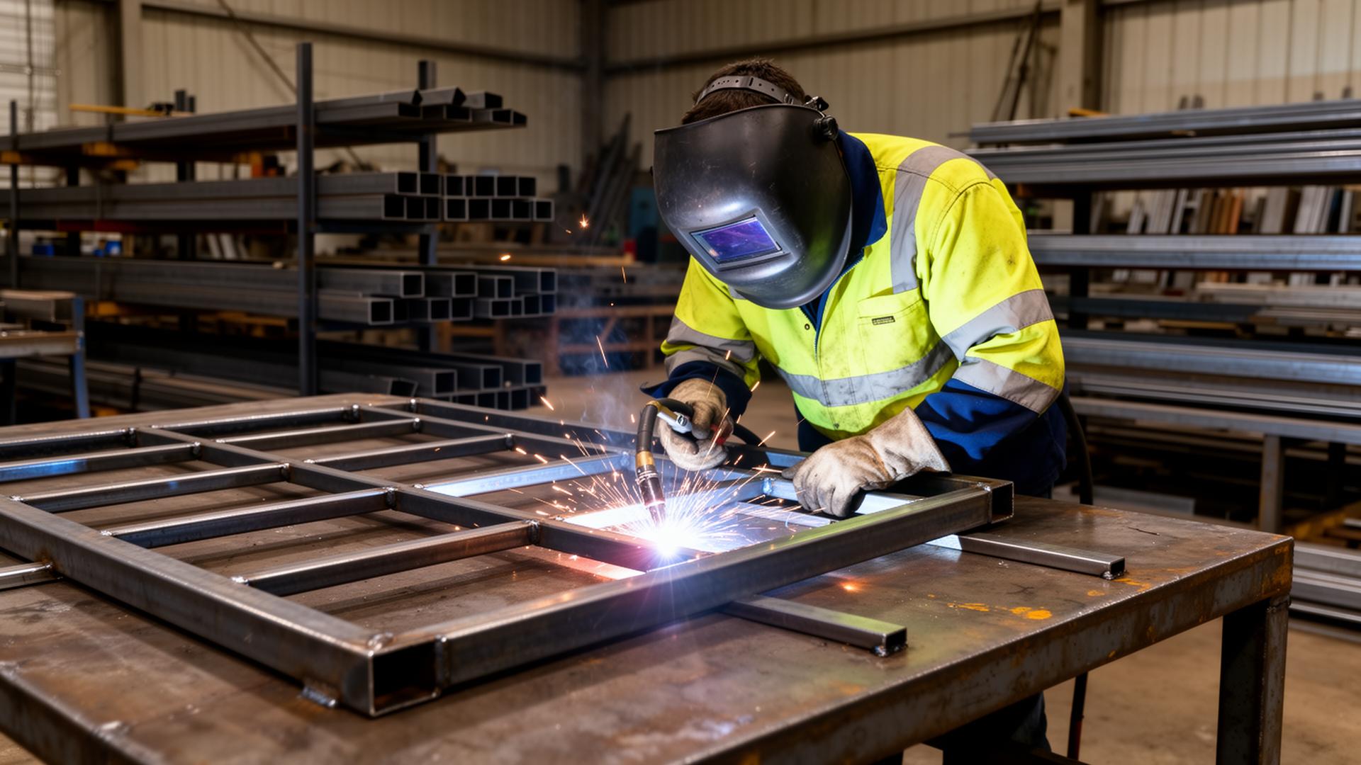 Welder fabricating a steel gate frame from SHS in an Australian workshop