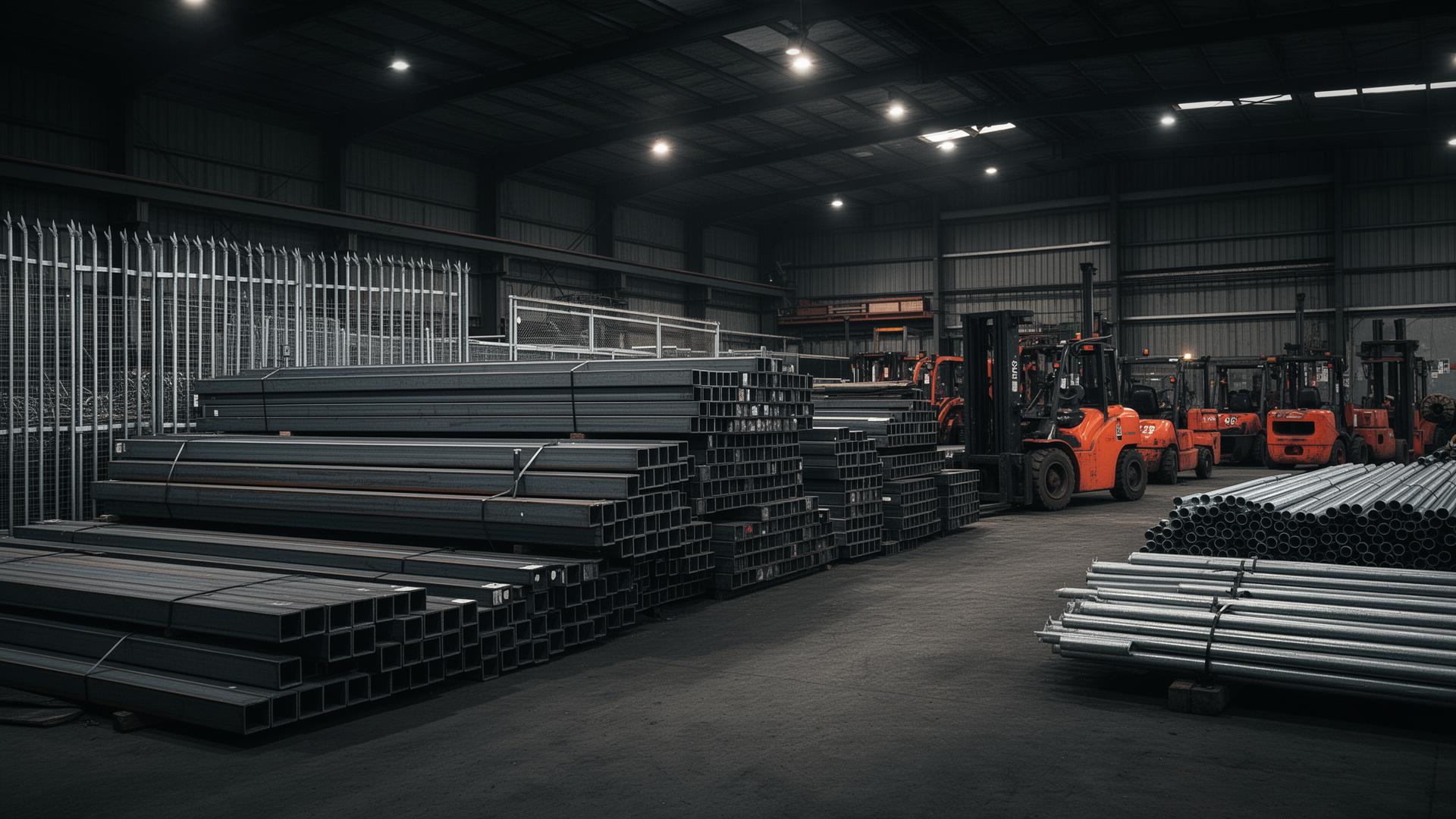 Industrial steel warehouse with RHS sections, galvanised fence posts and bulk steel bundles