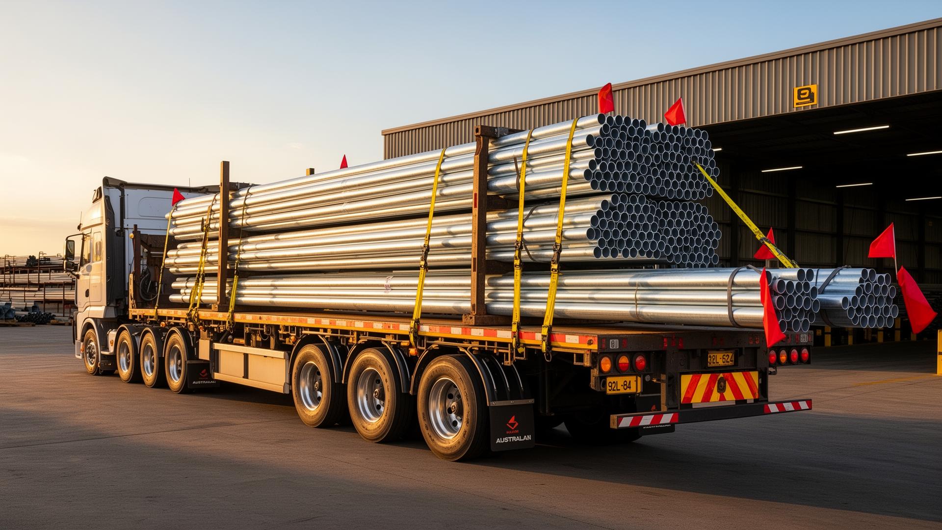 Flatbed truck loaded with galvanised steel tube for Australia-wide delivery